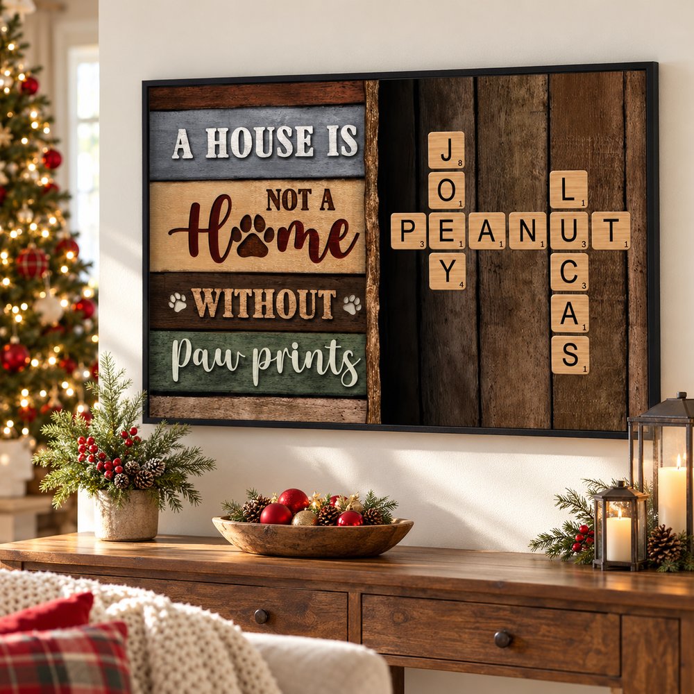 Personalized paw prints crossword canvas wall art hanging near a Christmas tree