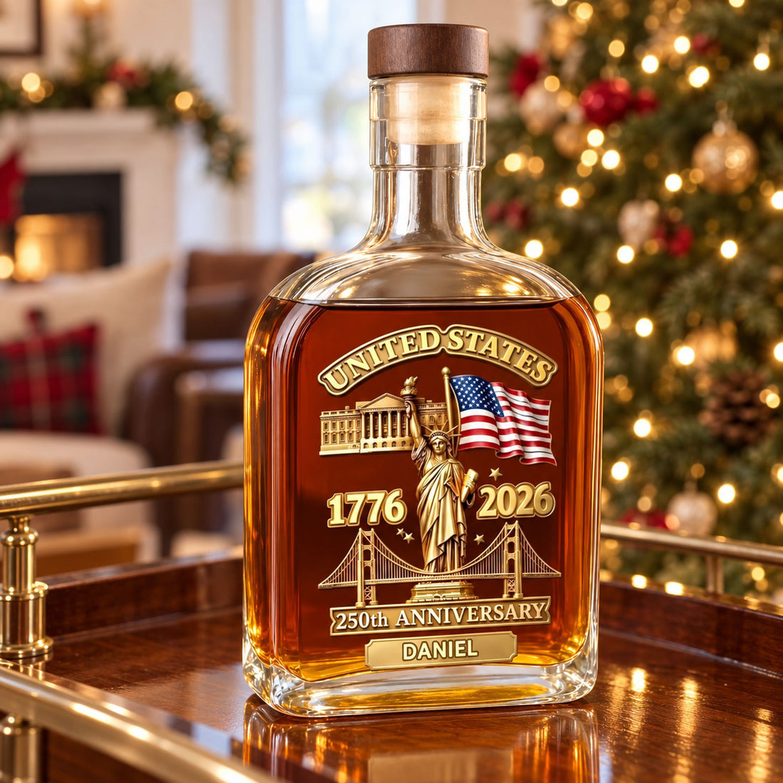Personalized America 250th whiskey bottle on a holiday bar cart with Christmas tree lights behind