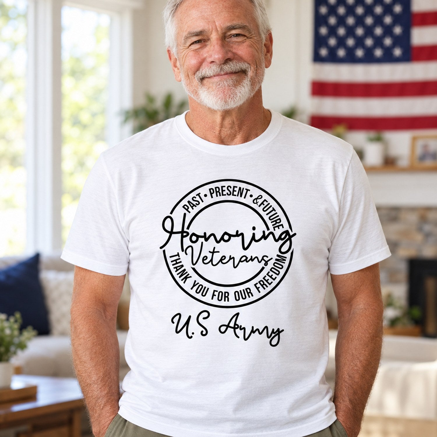 Veteran grandpa wearing personalized Honoring Veterans U.S Army white t-shirt in bright room