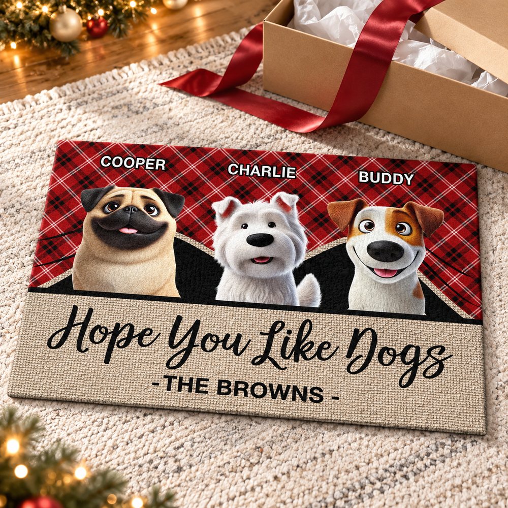 Personalized dog doormat presented with a holiday gift box and red ribbon