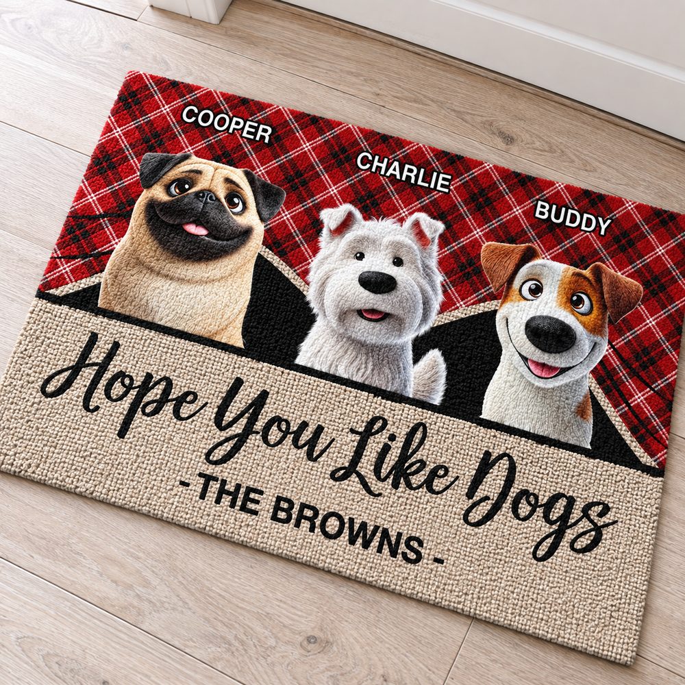 Close-up detail of the woven texture and print on the personalized dog doormat
