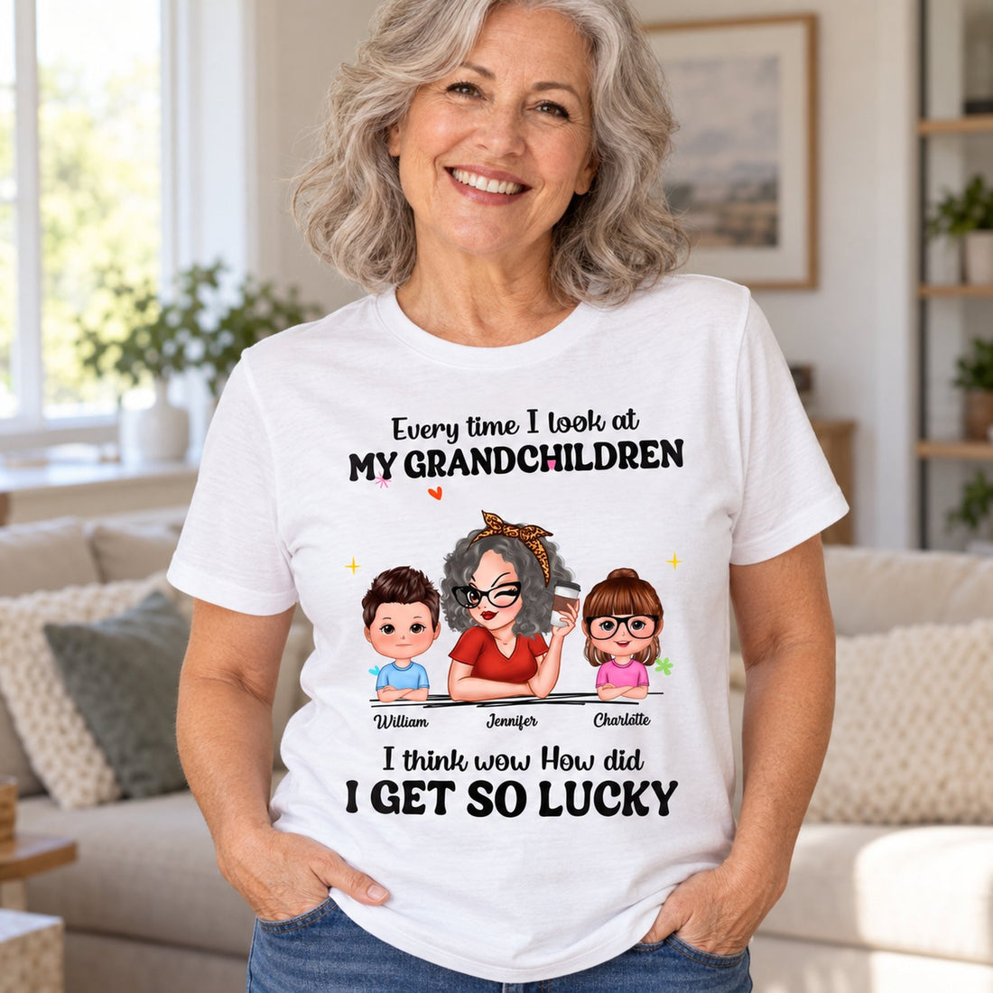 Grandma wearing personalized How Did I Get So Lucky Grandma t-shirt in a bright living room