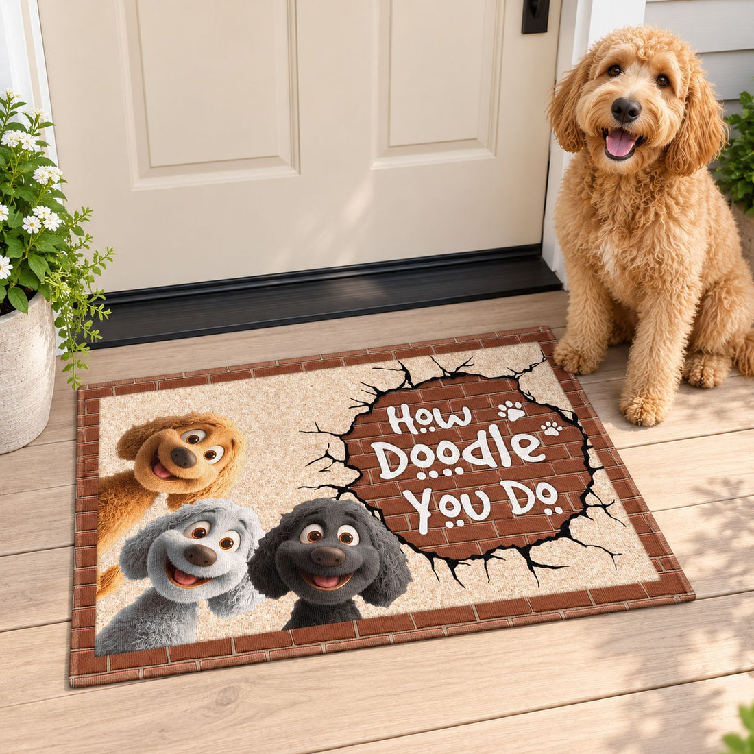 How Doodle You Do personalized doormat at front door with a real Goldendoodle sitting next to it