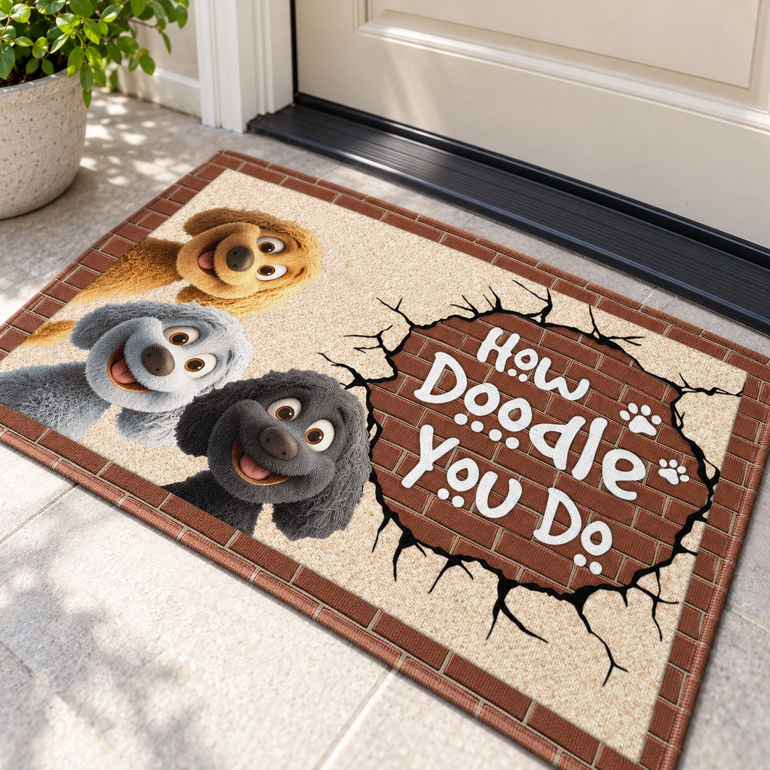 Close-up detail of the polyester felt texture and vibrant print on the How Doodle You Do doormat