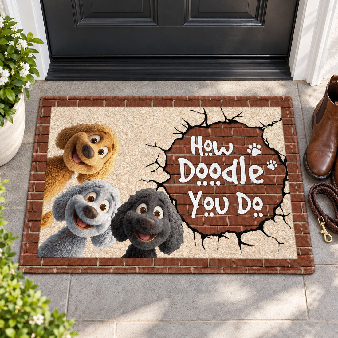 How Doodle You Do doormat shown next to adult ankle boots and a dog leash for size reference
