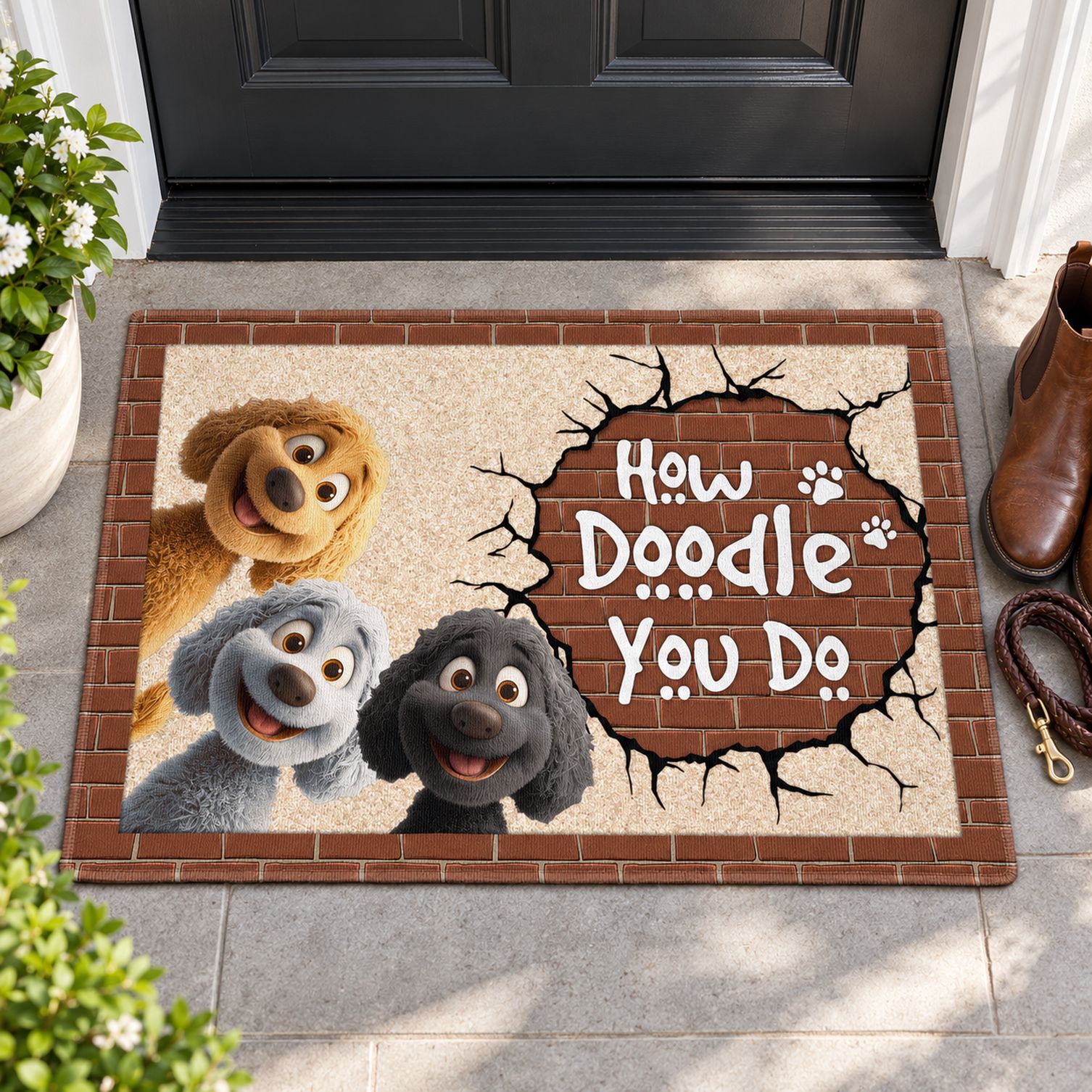 How Doodle You Do doormat shown next to adult ankle boots and a dog leash for size reference