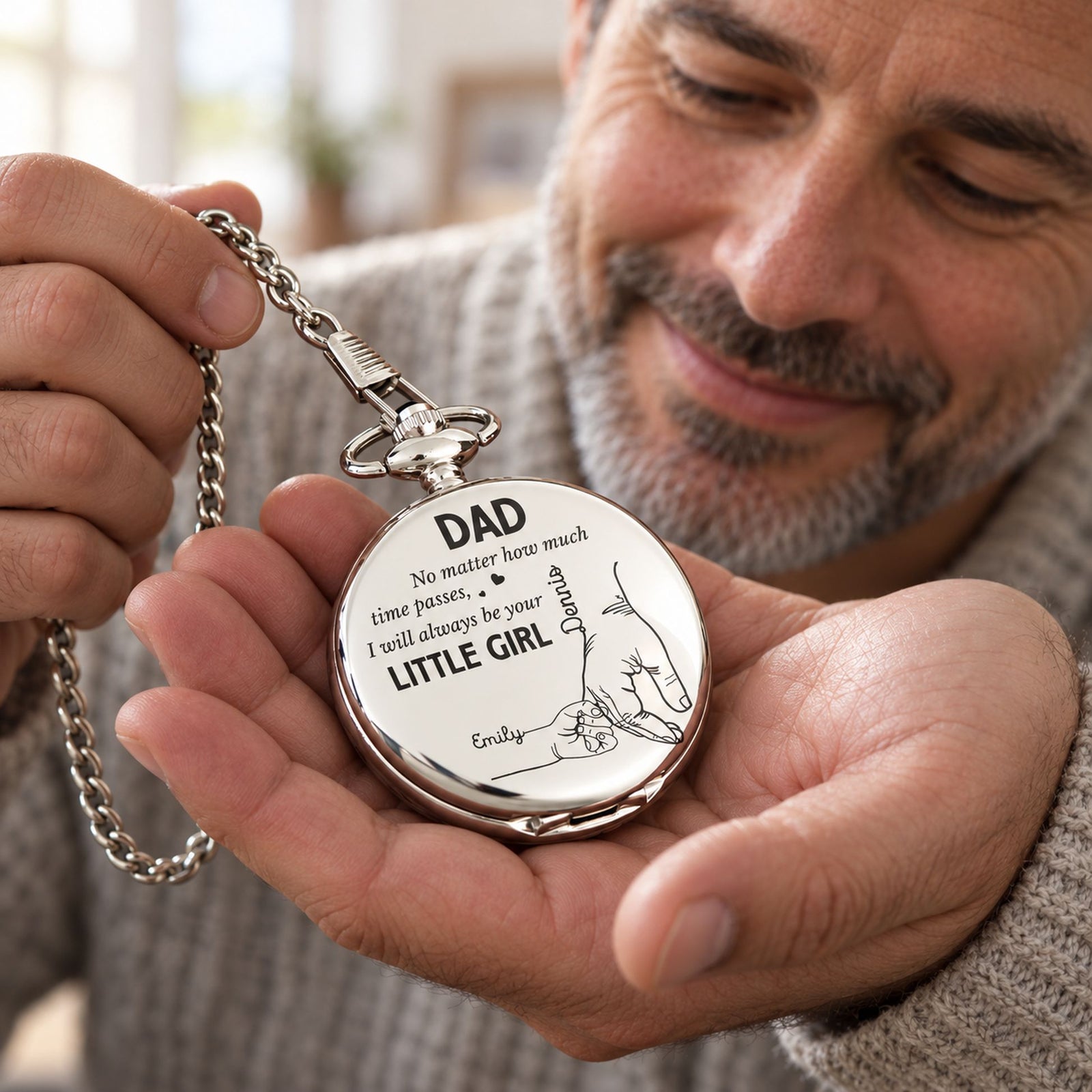 Dad holding his personalized Little Girl engraved silver pocket watch