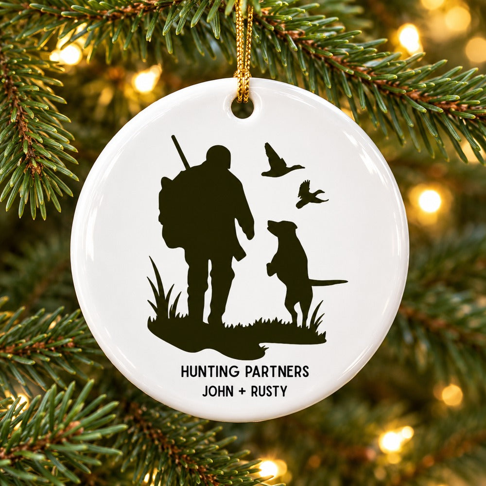 Close-up detail of glossy ceramic hunting ornament print and beveled edge