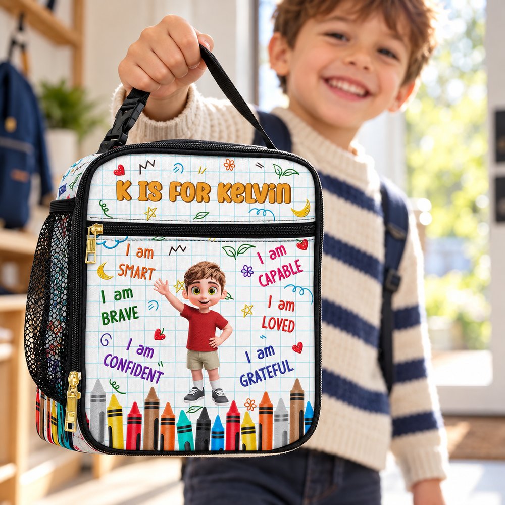 Young boy holding personalized K IS FOR KELVIN kids lunch bag by the handle