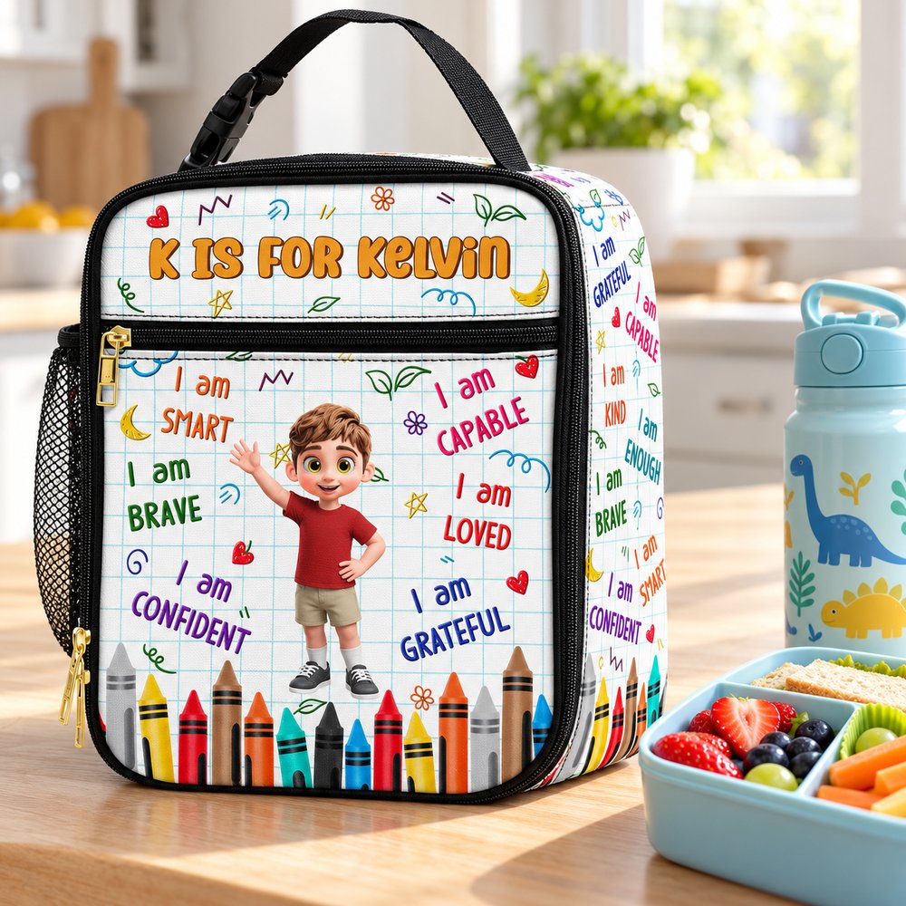 Personalized kids lunch bag standing on kitchen counter next to bento box and fruit