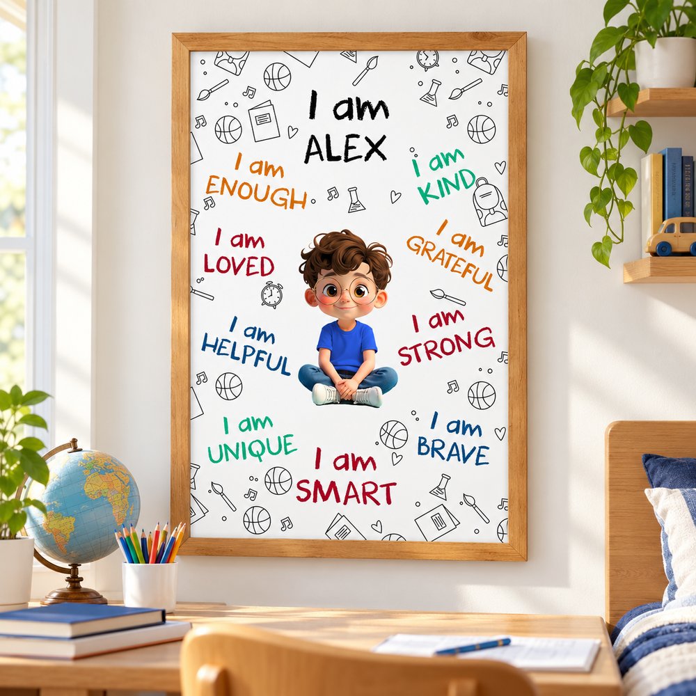 Personalized I Am Enough affirmation framed poster hanging above a desk in a boys bedroom