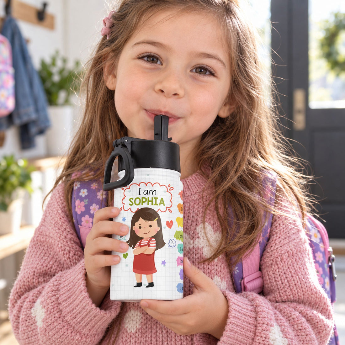 Young girl drinking from personalized I Am Kind Smart Brave 12oz kids stainless steel water bottle