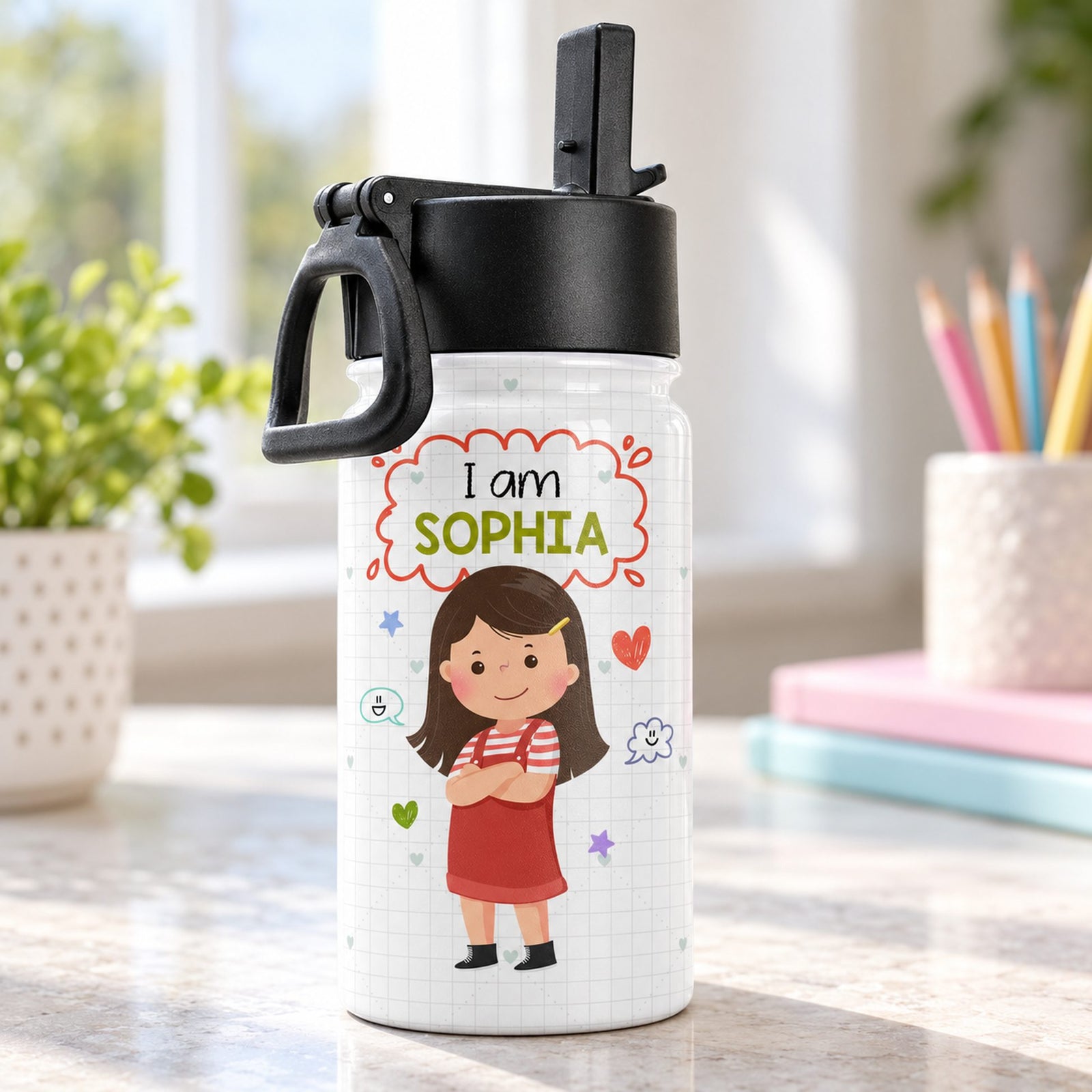 Close-up detail of personalized I Am Kind Smart Brave print on 12oz kids stainless steel bottle