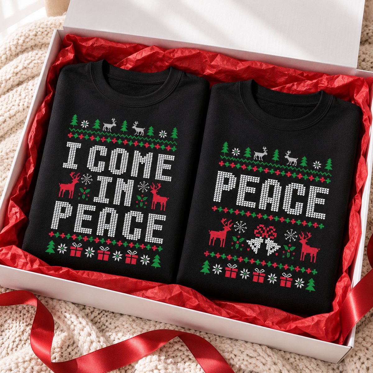Matching couple Christmas sweatshirts I Come in Peace and Peace in holiday gift box