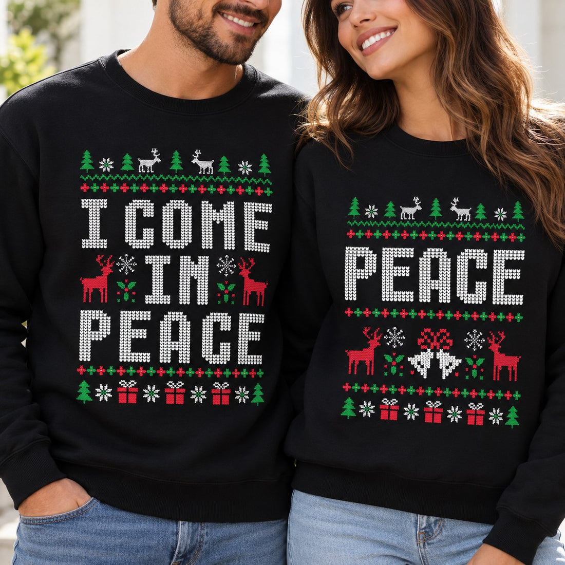 Close up detail of faux knit print on I Come in Peace black Christmas sweatshirt