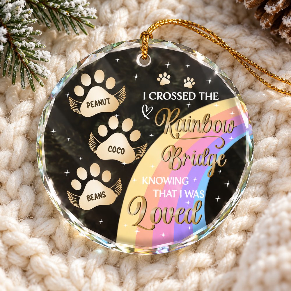 Close-up detail of beveled edge and winged paw print on personalized circle glass pet ornament