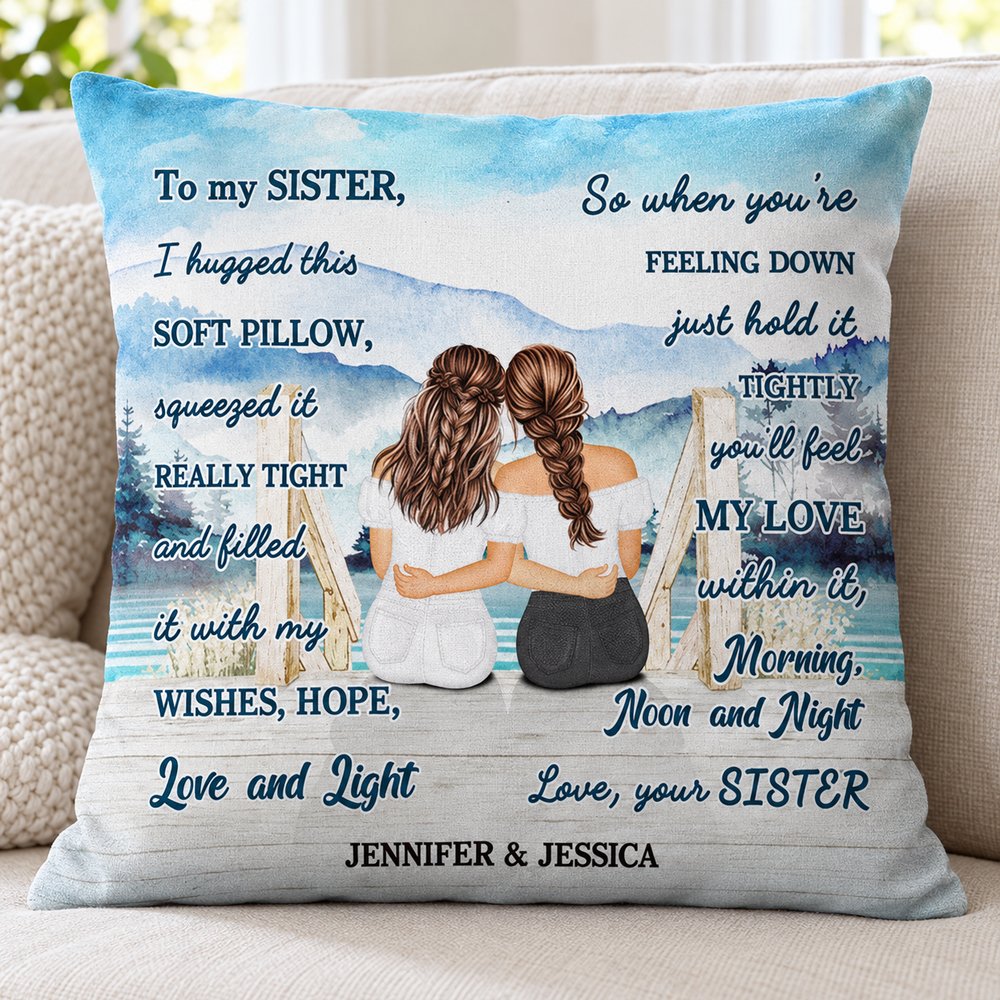 Close-up detail of crystal velvet fabric and print on personalized sister pillow