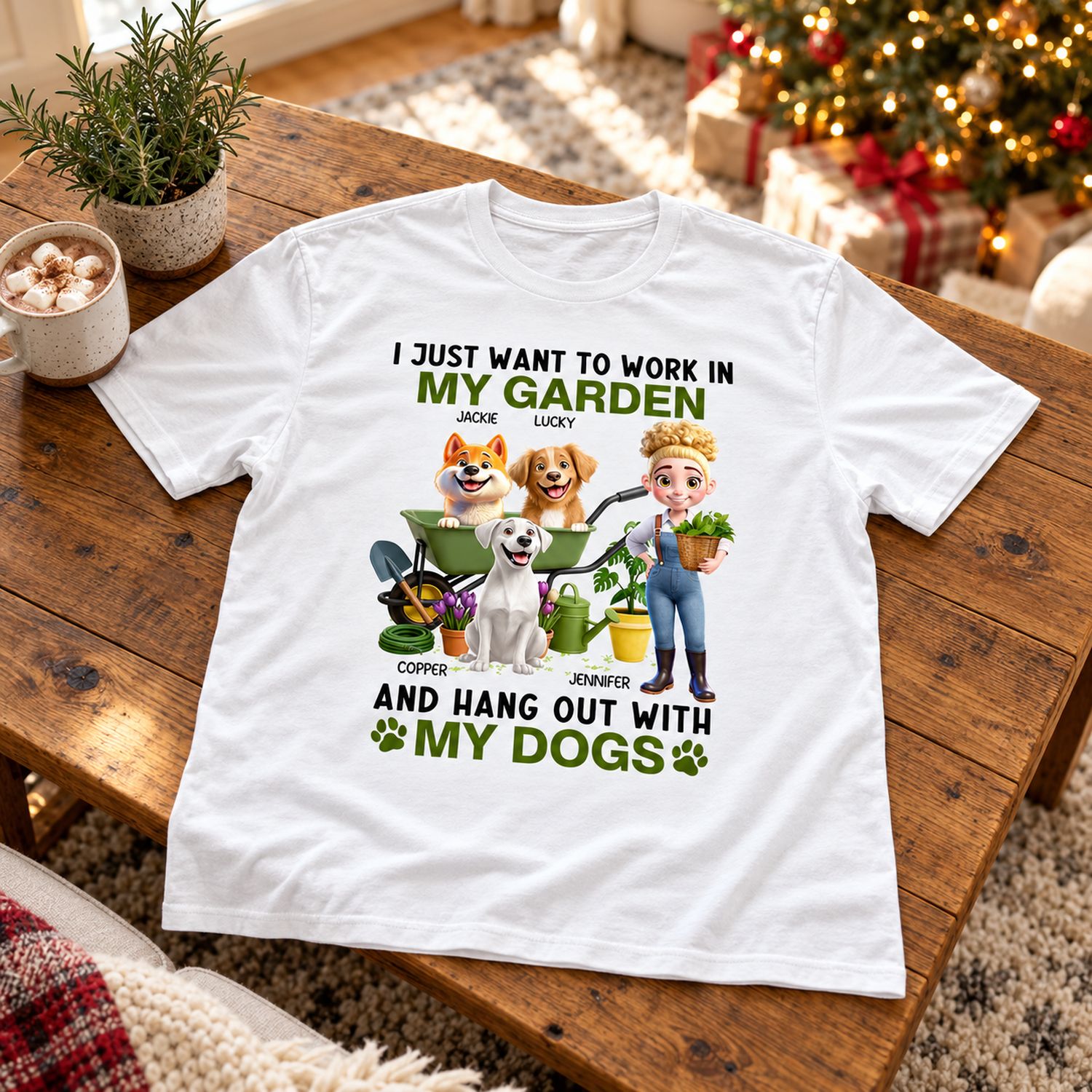 Personalized garden and dog lover white t-shirt laid flat on a table with a Christmas tree in the background
