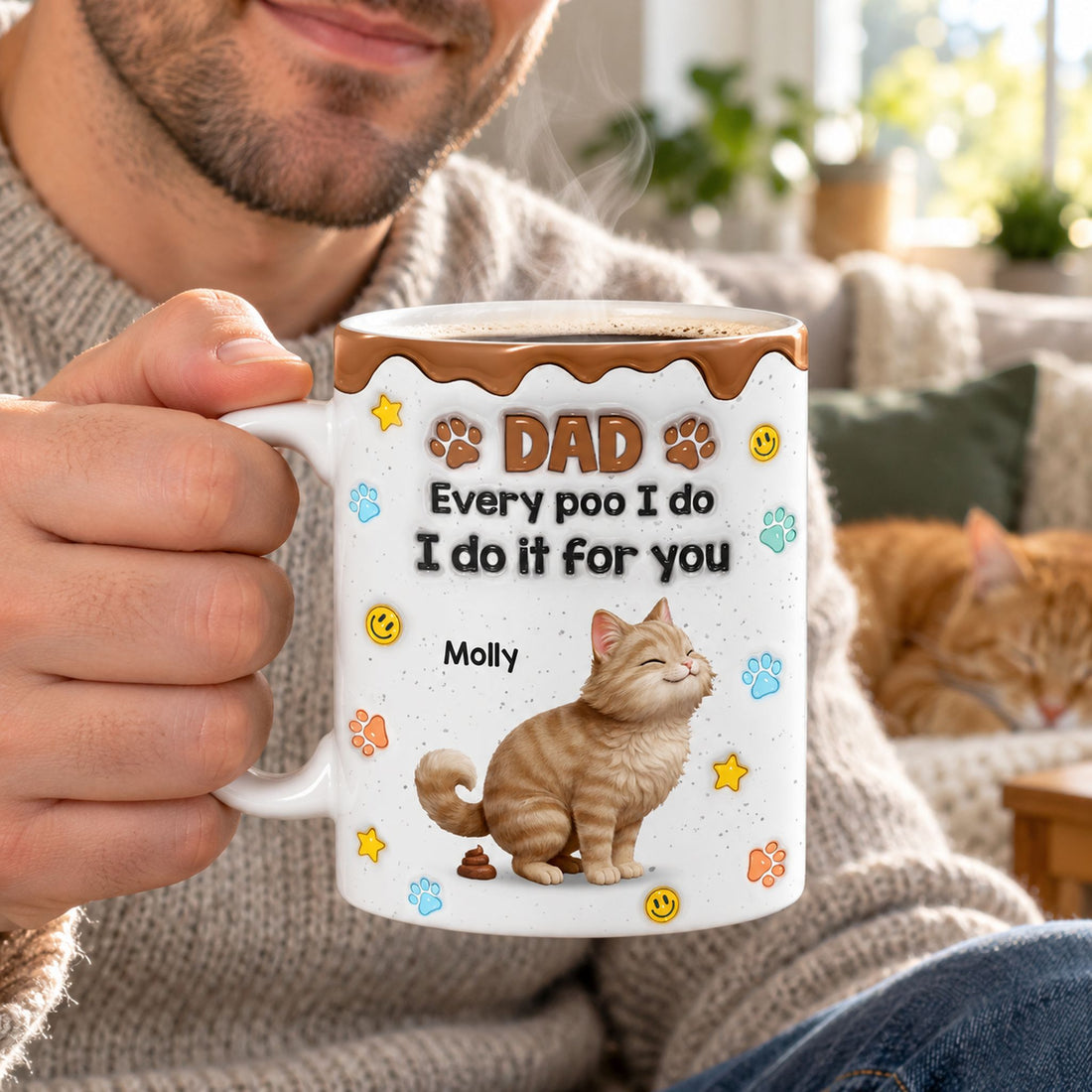Cat Dad holding personalized 3D inflated effect cat mug with hot coffee in a cozy living room