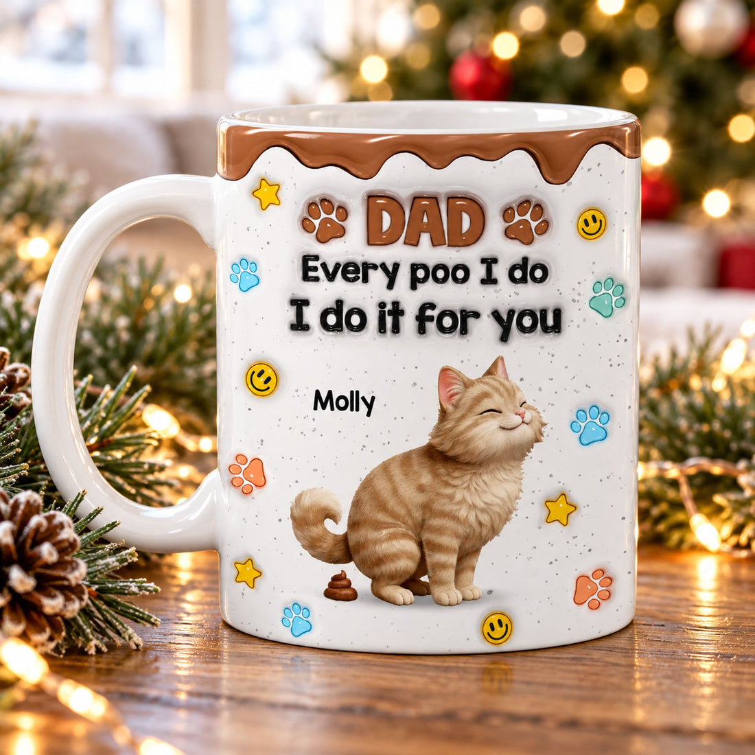 Personalized funny cat dad mug on a holiday table near a Christmas tree and pine garland