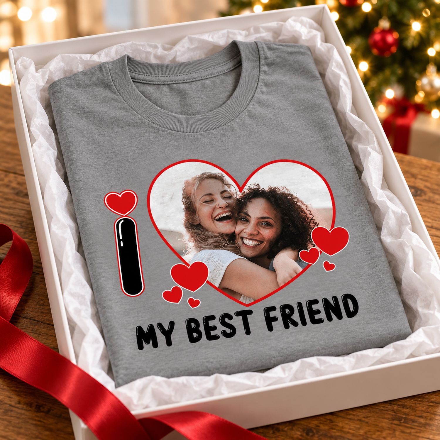 Custom Photo Best Friend grey t-shirt folded in a holiday gift box with red ribbon