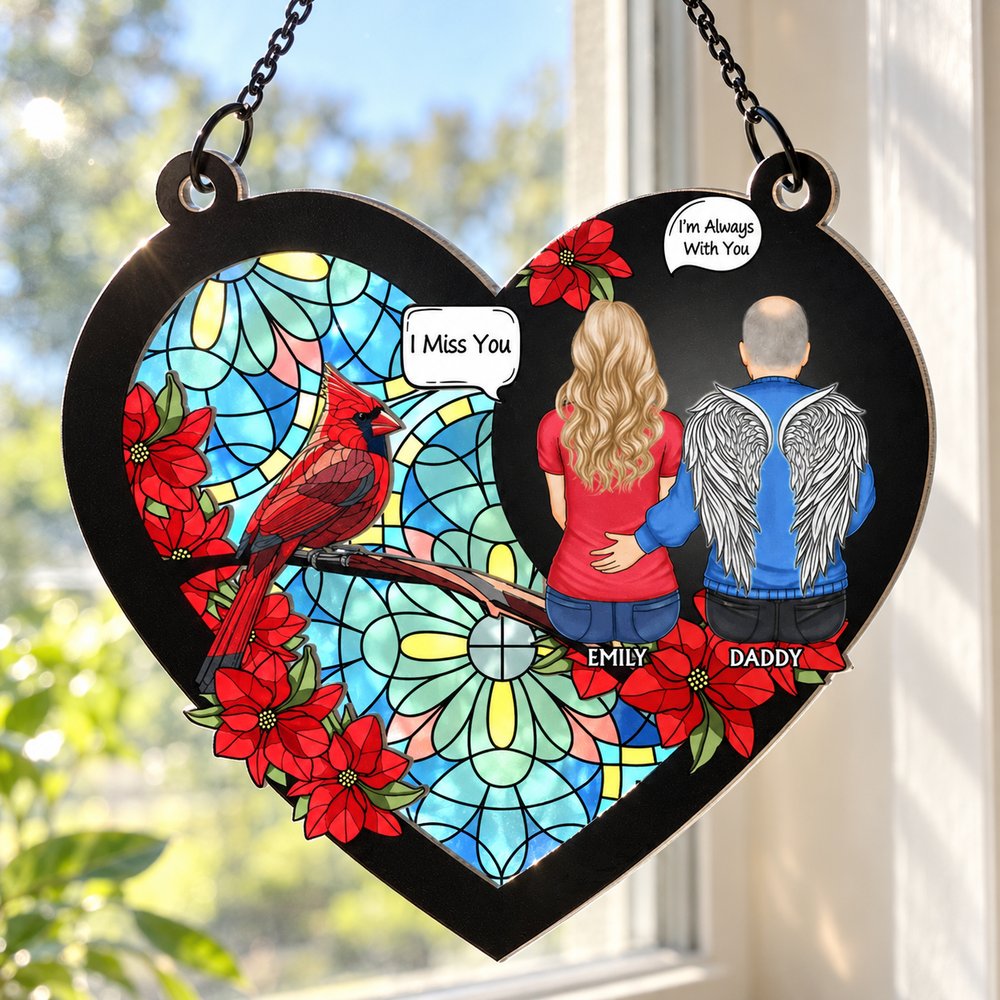 Close-up detail of layered wood and acrylic memorial cardinal suncatcher ornament