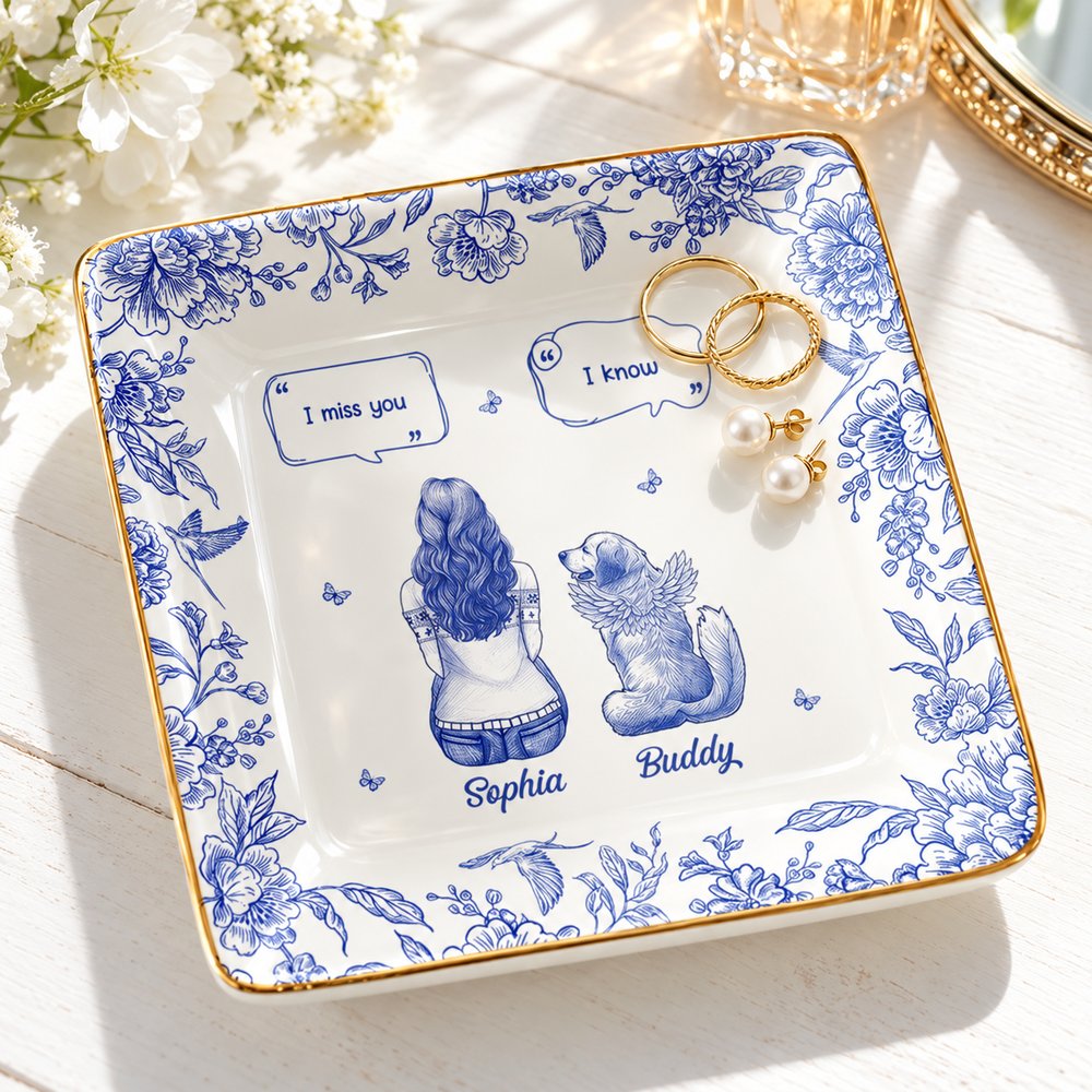 Personalized pet memorial toile ceramic jewelry dish holding gold rings on a bright vanity