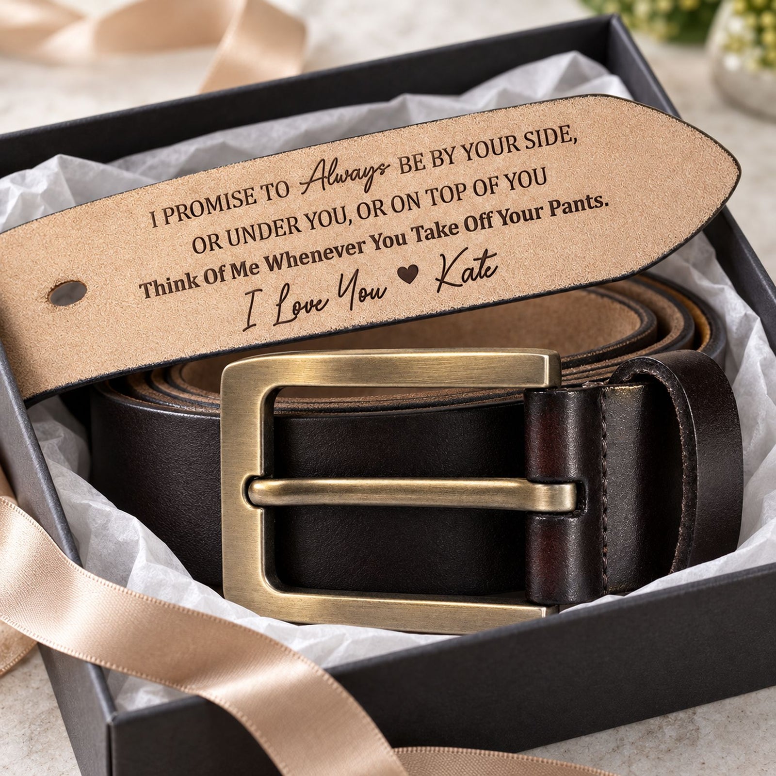 Personalized engraved leather belt for him presented in an open gift box