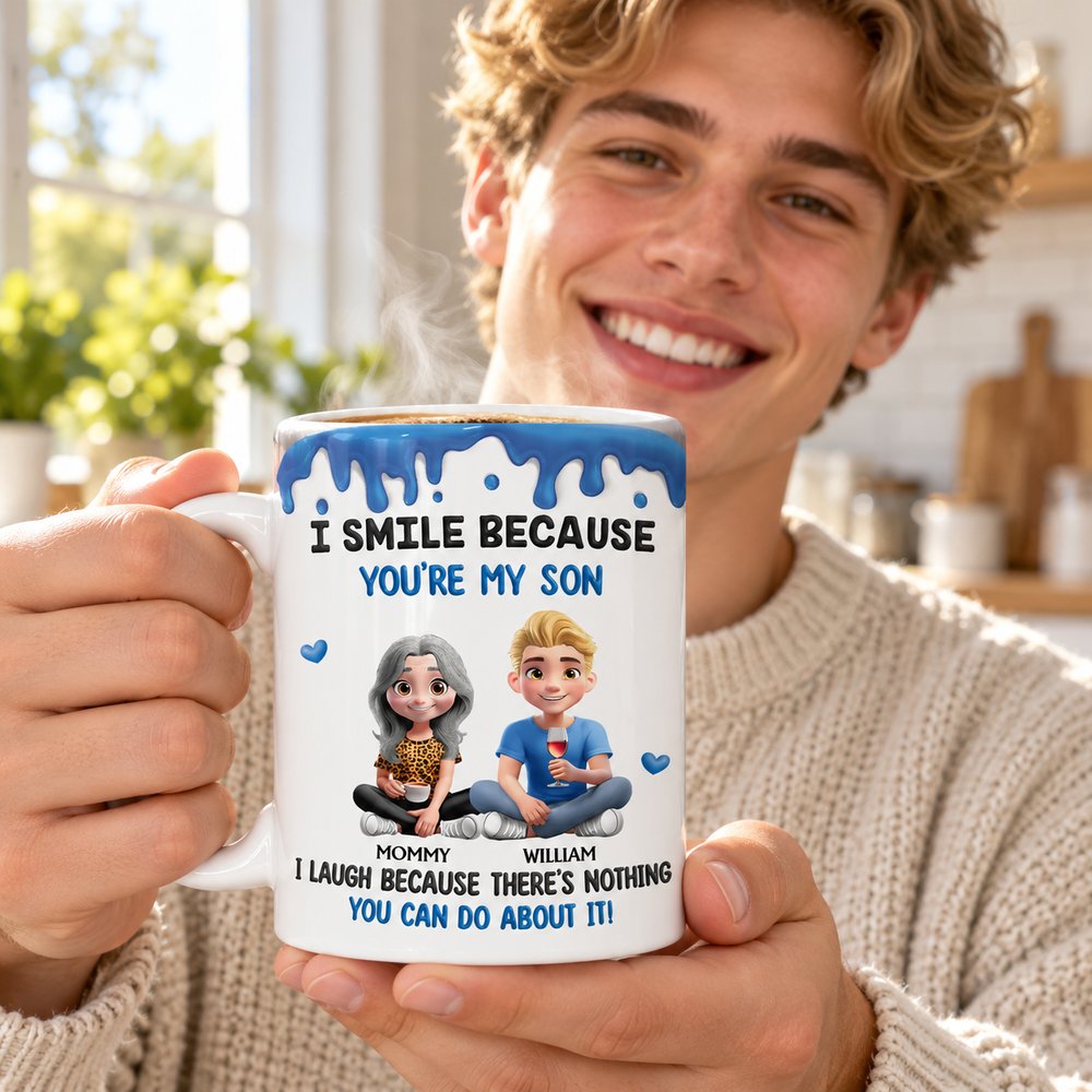 Adult son holding personalized ceramic mug with hot coffee