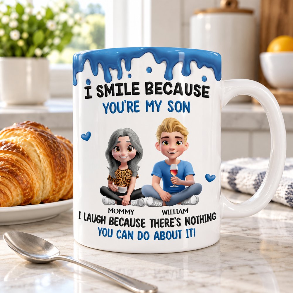 Personalized daughter mug next to croissant showing real size
