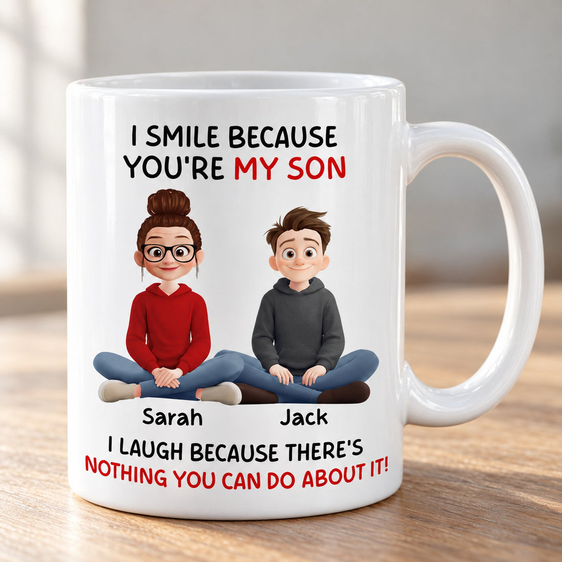 Close up detail of glossy ceramic mug print showing cartoon mom and son characters