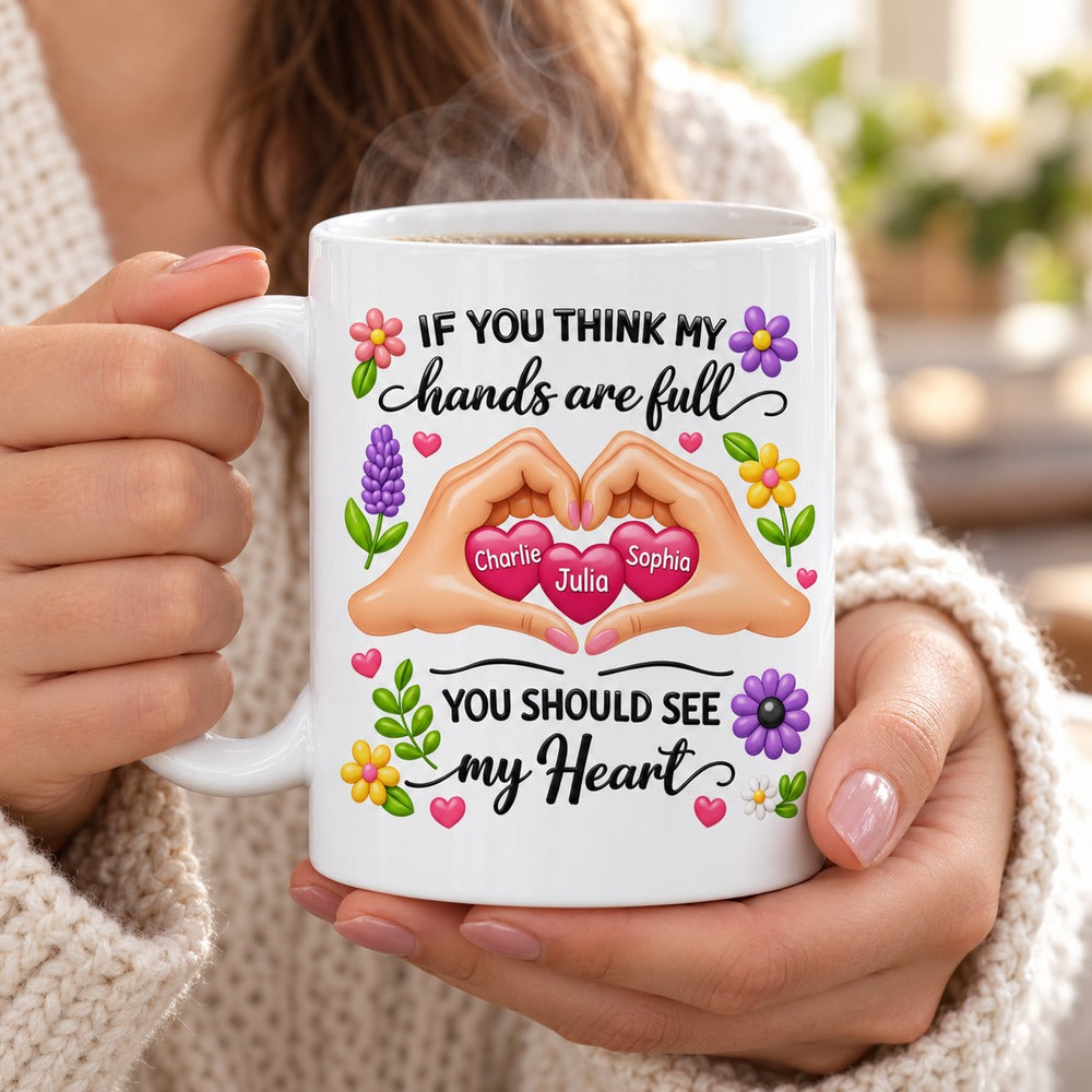 Personalized mom mug held by woman in cozy sweater with warm morning steam