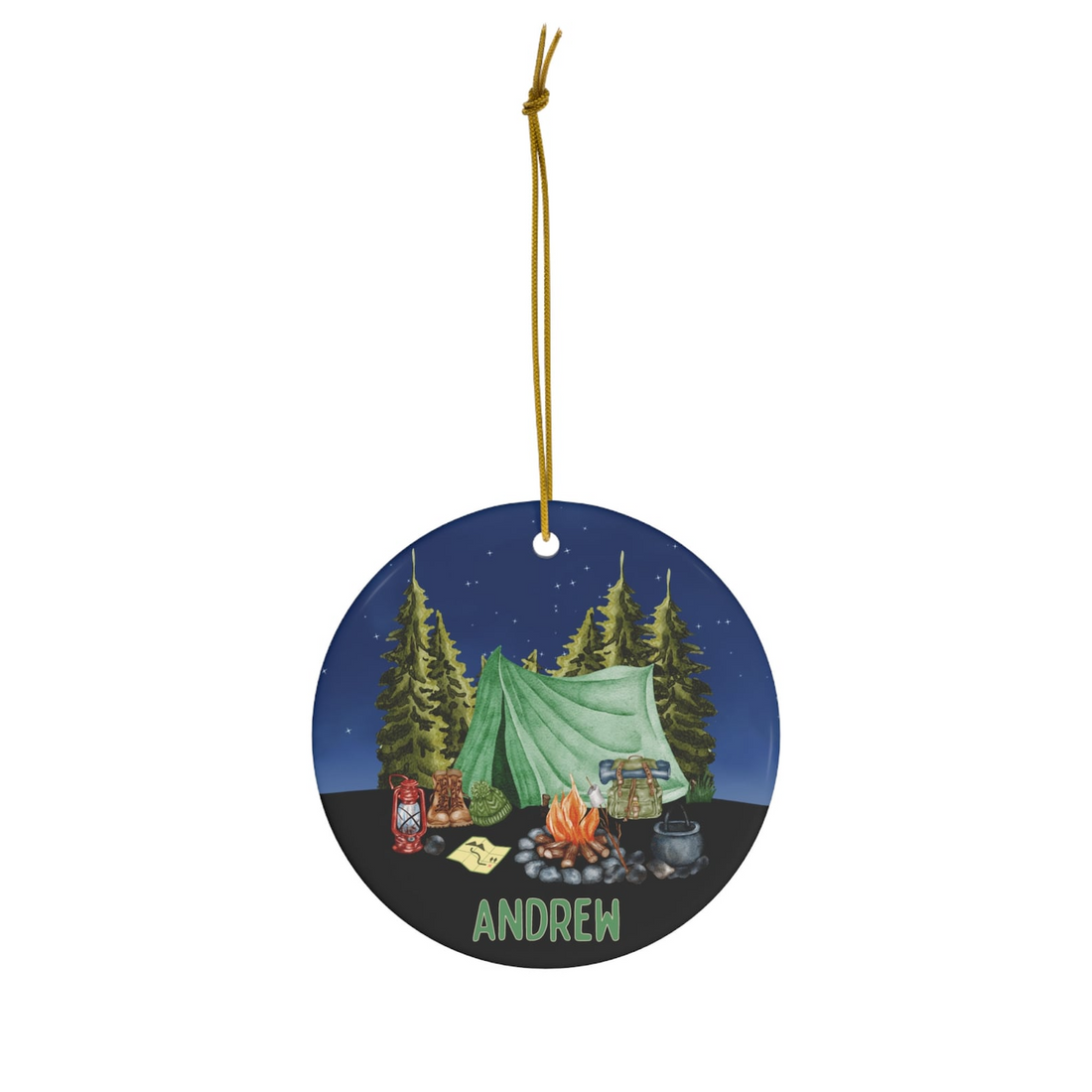 Personalized Camping Tent Christmas Ornament circle ceramic ornament, alternate view 4