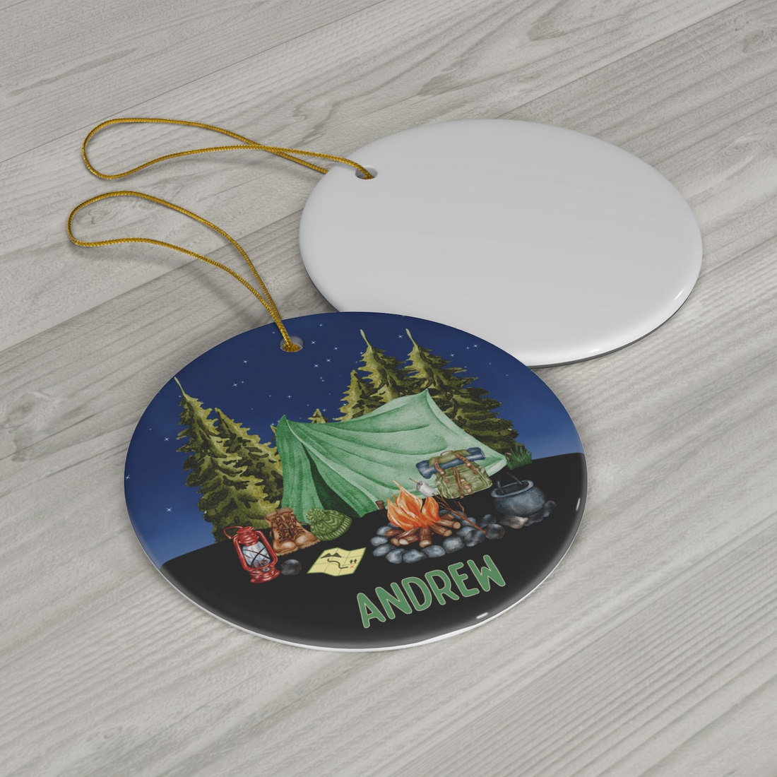 Personalized Camping Tent Christmas Ornament circle ceramic ornament, alternate view 3