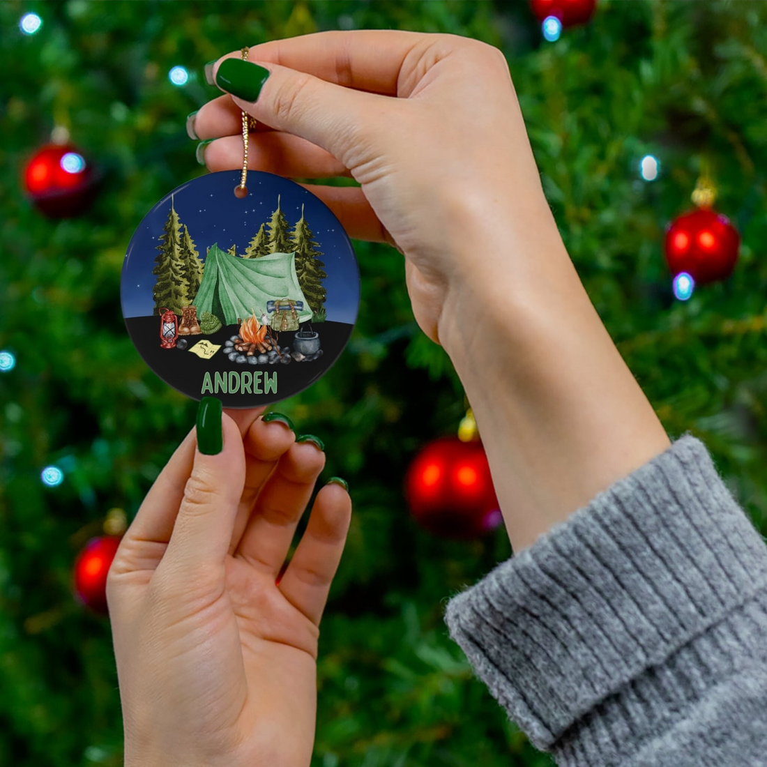 Personalized Camping Tent Christmas Ornament circle ceramic ornament, alternate view 2
