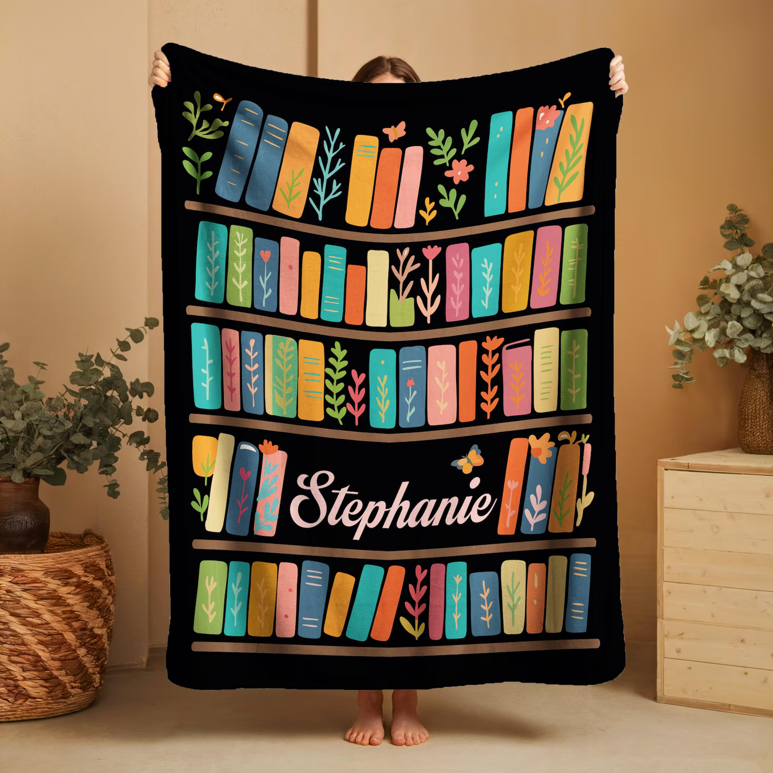 Custom Name Bookshelf - Personalized Custom Blanket - Gift For Book Lovers, Bookworms, Readers