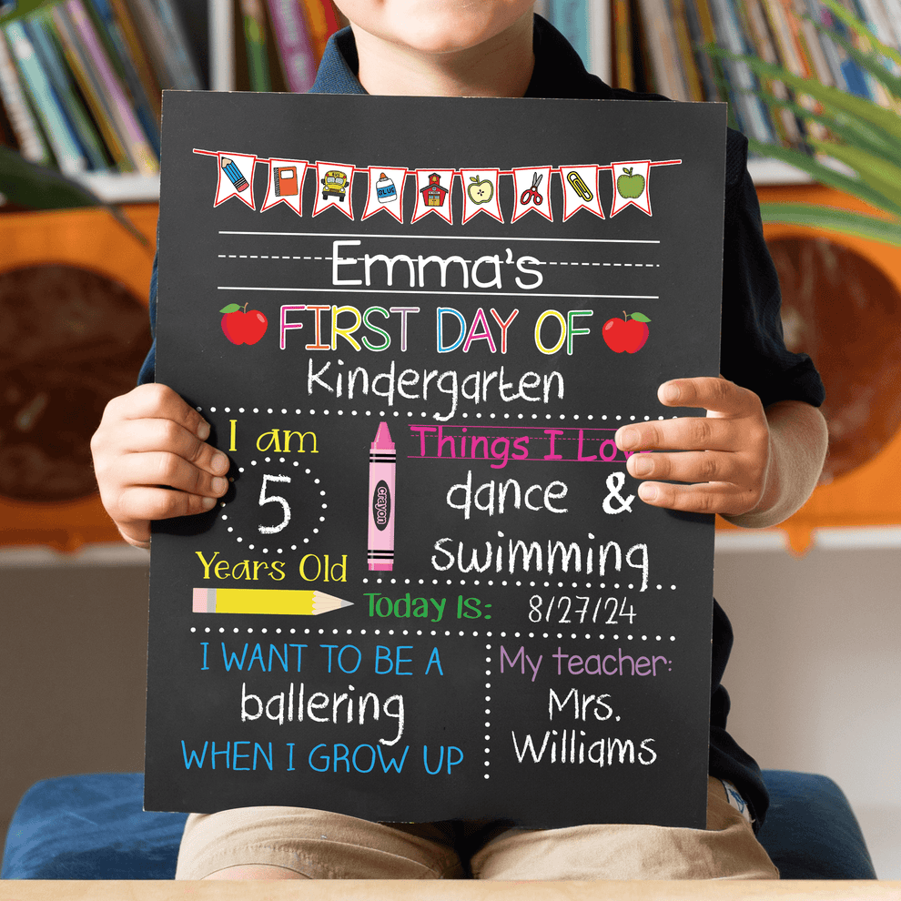 Personalized First Day of School Sign, Back to School Chalkboard, Kindergarten, main view