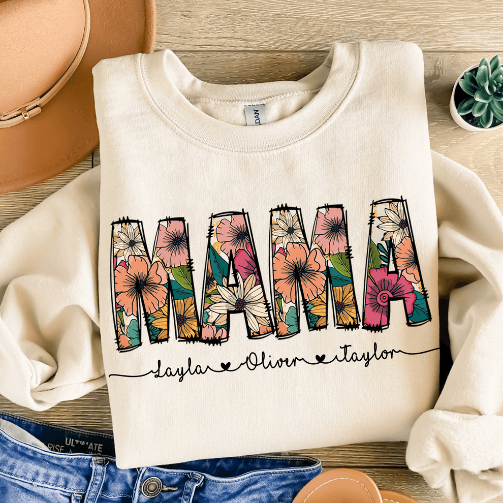 Floral Mama Custom Kid's Names with Sweet Hearts t-shirt, main view