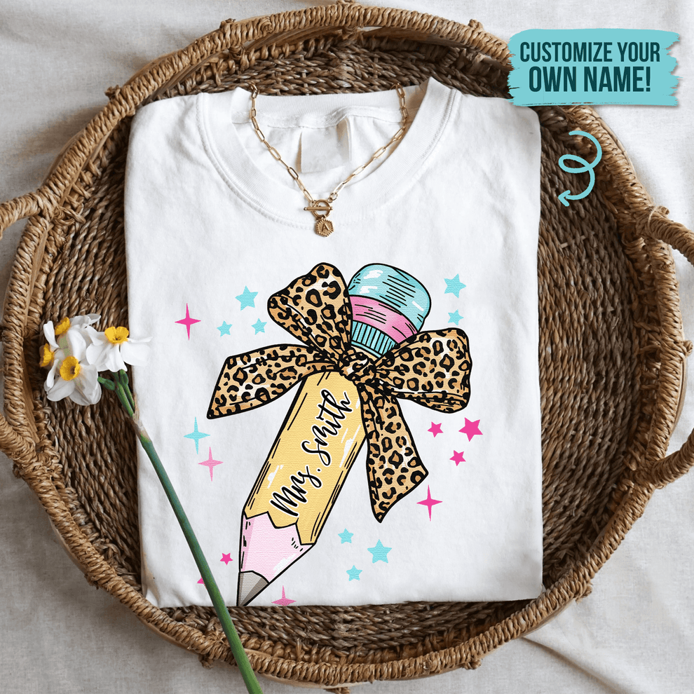 Personalized Leopard Print Bow Pencil Design t-shirt, main view
