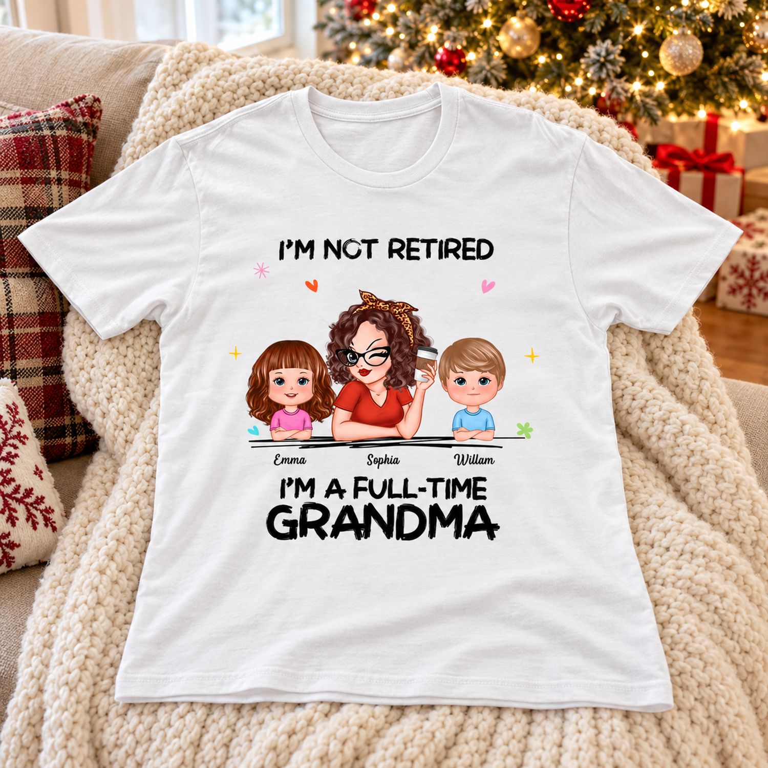 Personalized Full-Time Grandma t-shirt laid flat on a cozy sofa near a Christmas tree for holiday gifting