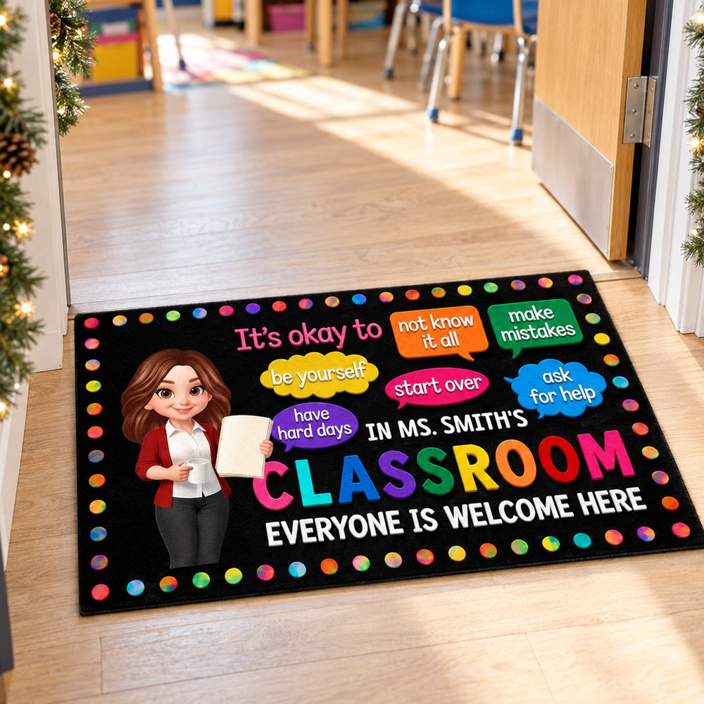 Personalized teacher classroom doormat with Ms. Smith design at a bright classroom doorway