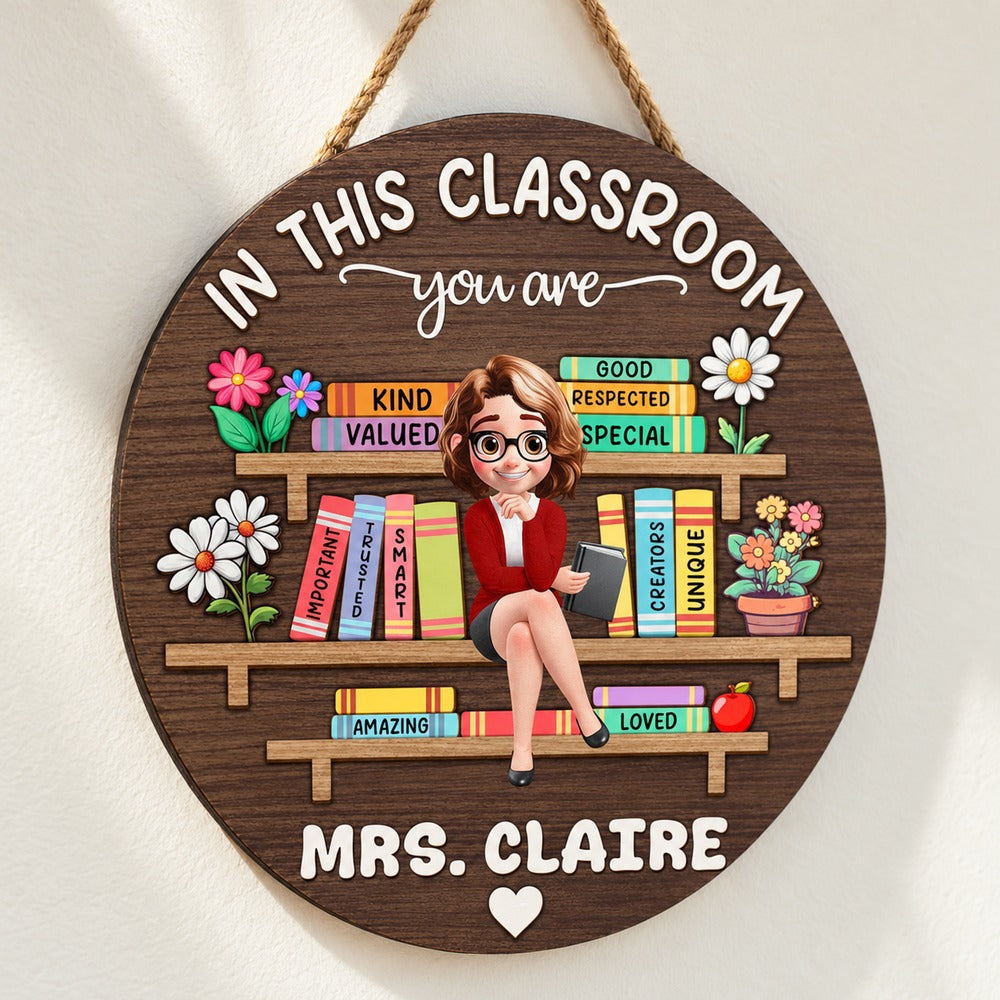 Close-up detail of personalized teacher wood sign showing bookshelf print texture and wood grain