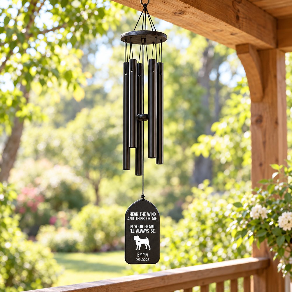 Personalized dog memorial black wind chime hanging on a sunny outdoor wooden porch