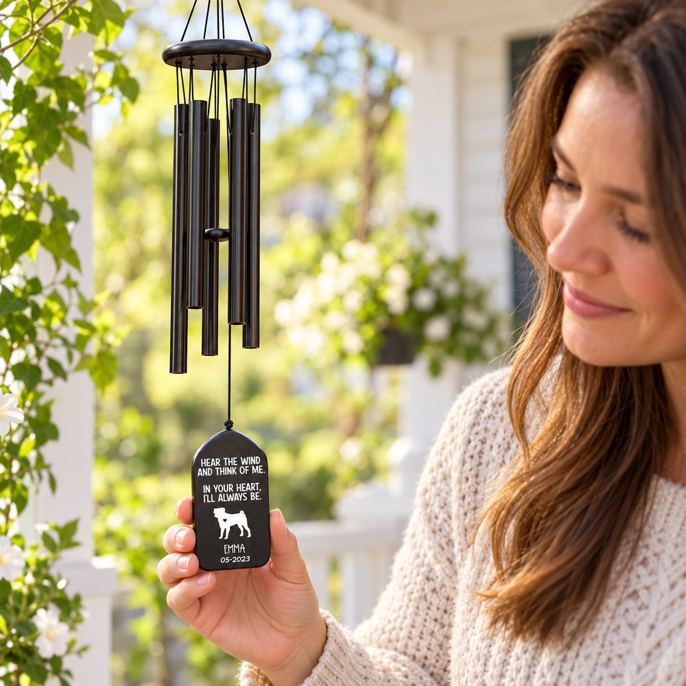 Pet owner gently holding the wooden pendant of a hanging personalized dog memorial wind chime