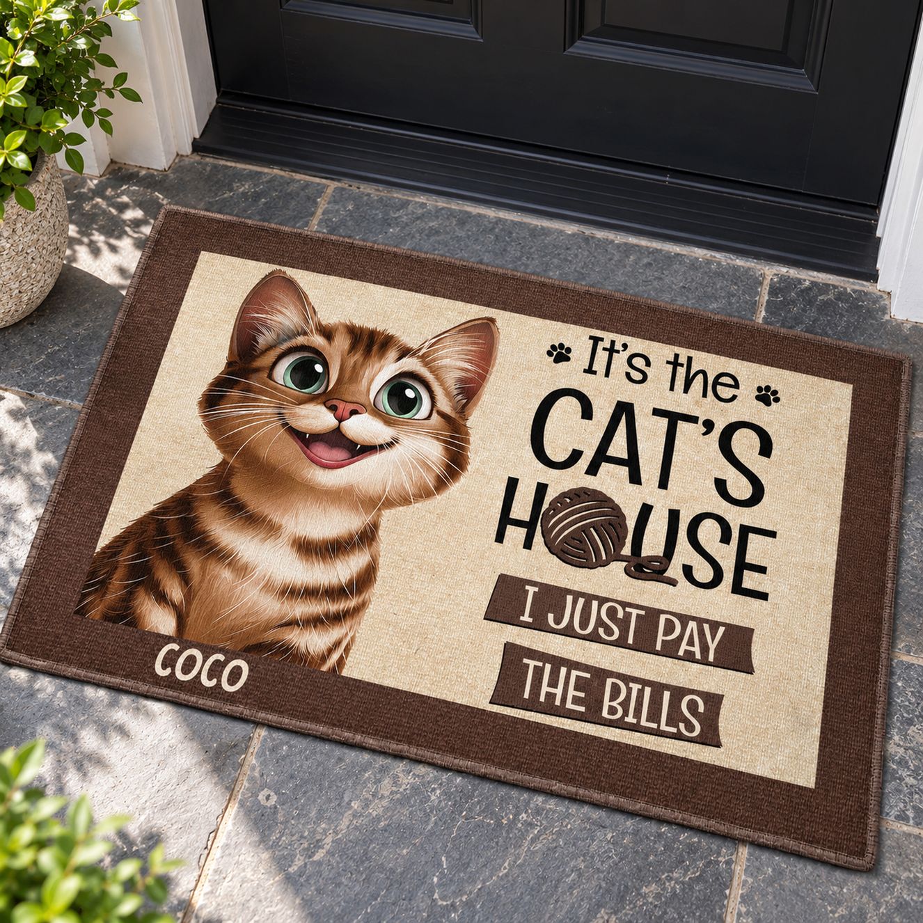 Close-up detail of the ribbed polyester felt texture and print on the cat doormat