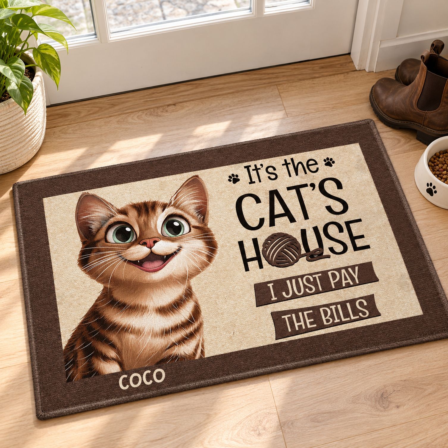 Personalized cat doormat shown next to adult boots for size reference