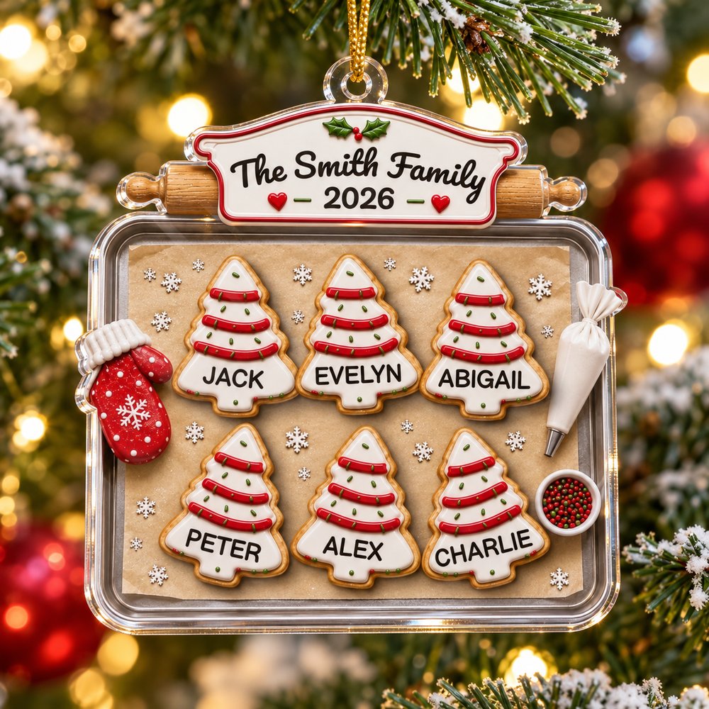 Close-up detail of glossy acrylic edge and printed Christmas tree cookies on the ornament