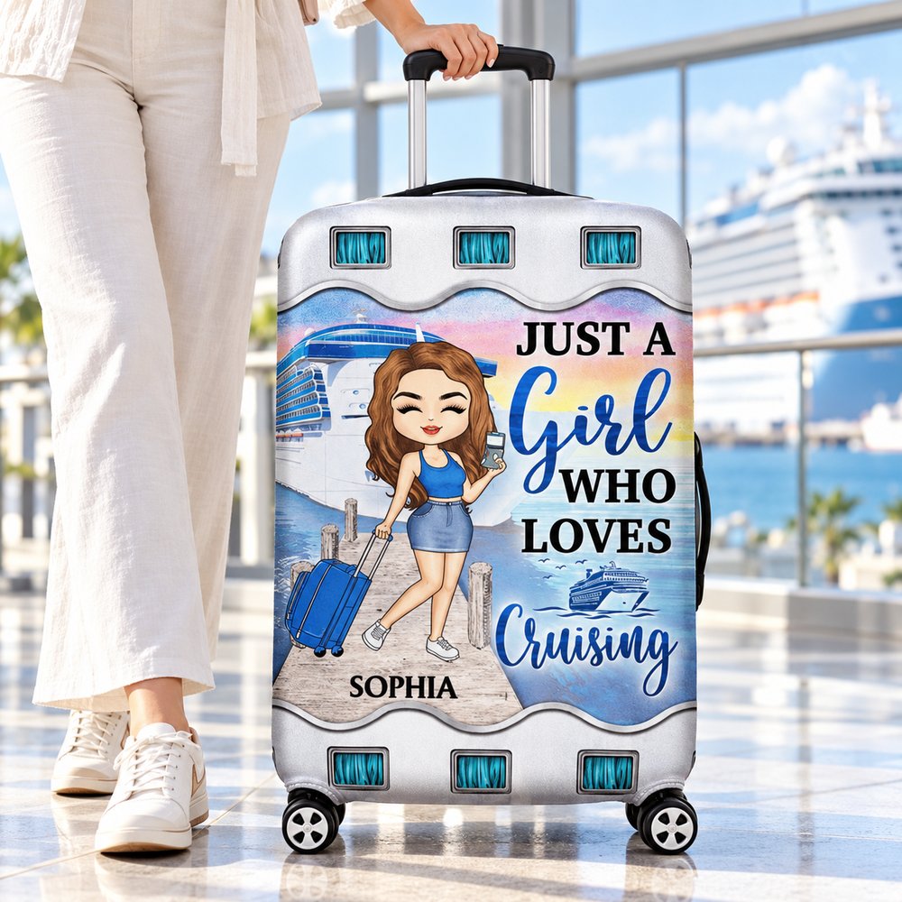 Personalized cruising girl luggage cover fitted on a rolling suitcase in a bright terminal