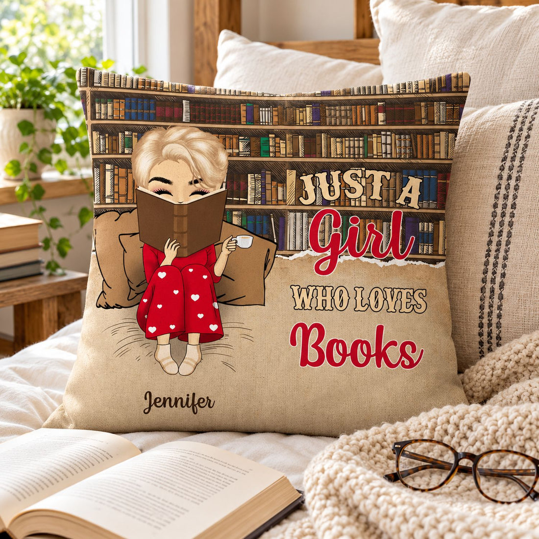 Custom Just A Girl Who Loves Books pillow styled in a cozy reading nook