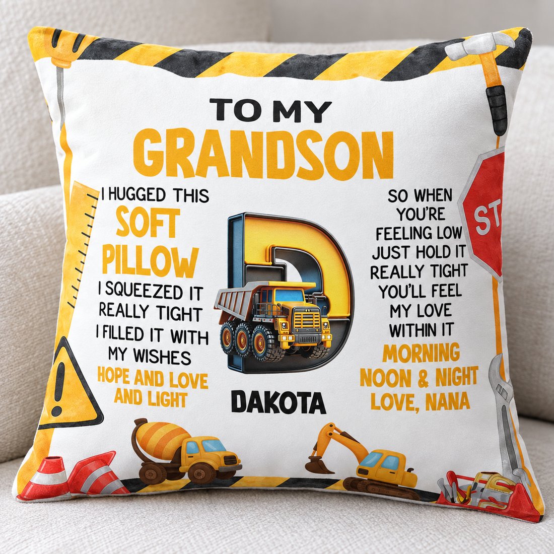 Close up detail of crystal velvet fabric and dump truck print on personalized pillow